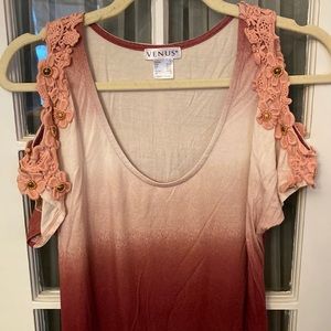 Venus Small Ombré Crocheted Floral Detail Cold Shoulder Short Sleeve Top